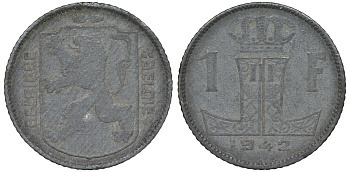Бельгия 1 франк 1942 Леопольд III, Belgique-Belgie KM 127 цинк 4163-153