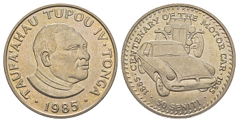 Тонга 50 сенити 1985 100 лет автоиндустрии, Cowley Touring и Morris Car KM 85 медно-никель BU 413-4714