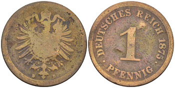 ГЕРМАНИЯ 1 ПФЕННИГ 1875 D, СТАРОГЕРБОВКА KM 1, J. 1, Weege 1 медь 206-1036