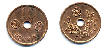 ФИНЛЯНДИЯ 10 ПЕННИ 1943 KM 33.1 медь 51-5039