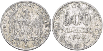 ГЕРМАНИЯ 500 МАРОК 1923 А, ВЕЙМАРСКАЯ РЕСПУБЛИКА KM 36, J. 305 алюминий 4521-1011