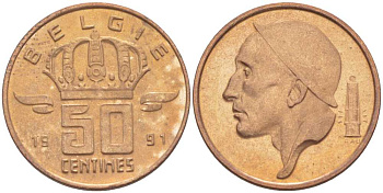 БЕЛЬГИЯ 50 САНТИМОВ 1991 BELGIE, БОДУЭН I (1951-1993) KM 149.1 бронза 214-651