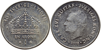 Швеция 1 крона 2005 Карл XVI Густав (1973- ) KM 894 медно-никель 4681-615