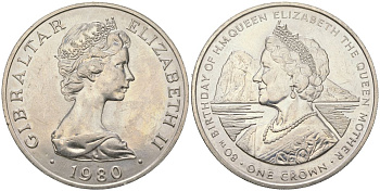 Гибралтар 1 крона 1980 80 лет со дня рождения Королевы Матери KM 11 медно-никель UNC 1066-3-45
