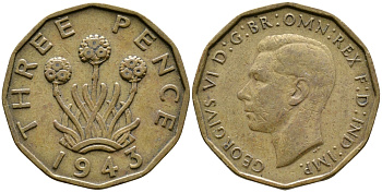 Великобритания 3 пенса 1943 Георг VI (1936-1952) KM 849, Spink 4112 никель латунь 4385-445