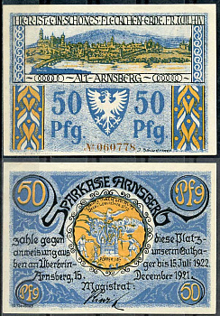 Германия, Арнсберг 50 пфеннигов 1921 нотгельд, 15.7.1922 Li. 41a, M. 42.1 бумага UNC (пресс) 00-00