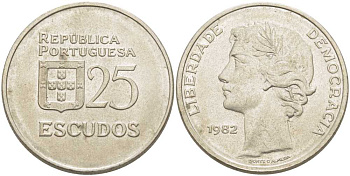 Португалия 25 эскудо 1982 KM 607а медно-никель 113-546