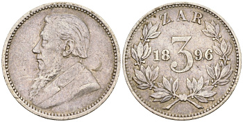 Южно-Африканская Республика - Трансвааль 3 пенса 1896 ZAR, Крюгер KM 3 серебро 4594-429