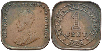 Стрейтс-Сетлментс 1 цент 1920 Георг V (1910-1936) KM 32 бронза 119-122
