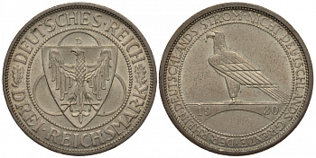 Германия 3 марки 1930 D, освобождение Рейнлянда J. 345, KM 70 серебро aUNC 00-814-71