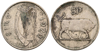 Ирландия 5 пенсов 1970 бык KM 22 медно-никель 259-1014
