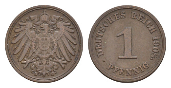 Германия 1 пфенниг 1908 G, Вильгельм II (1888-1918) KM 10, J. 10 медь 4639-1135