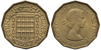 Великобритания 3 пенса 1967 Елизавета II (1952-2022) KM 900, Spink 4153 никель латунь 4538-1143