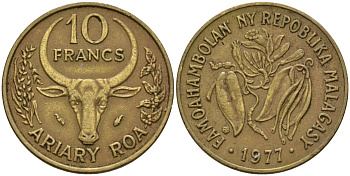 Мадагаскар 10 франков 1977 KM 11 алюминиевая бронза 4141-616
