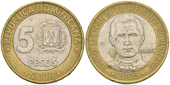 Доминиканская республика 5 песо 2008 Санчес KM 89 биметалл 4541-1127