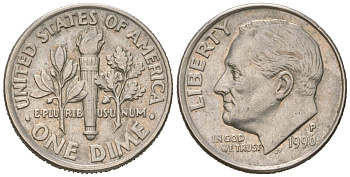 США 10 центов (дайм) 1996 P, президент Рузвельт KM 195a медь плакированная медно-никелем UNC 218-158