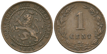 Нидерланды 1 цент 1883 Виллем III (1849-1890) KM 107 бронза 4615-565