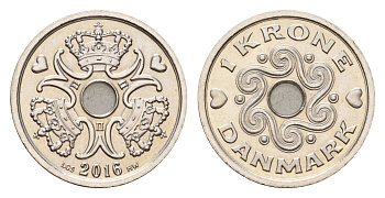 Дания 1 крона 2016 Маргрете II (1972-2024) KM 873 медно-никель UNC 75-557