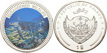 Палау 1 доллар 2008 серия вымирающие виды, морская черепаха Бисса, цветная эмаль KM 165 медно-никель PROOF M3-9