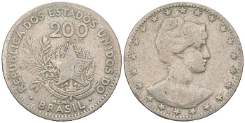 Бразилия 200 реалов 1901 MCMI, голова свободы вправо KM 504 медно-никель 4612-212