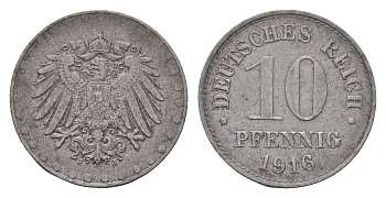 Германия 10 пфеннигов 1916 G, Вильгельм II (1888-1918) KM 20, J. 298 железо 4636-1122