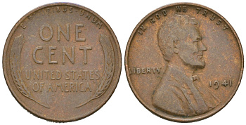 США 1 цент 1941 Авраам Линкольн  KM 132 бронза 211-1128