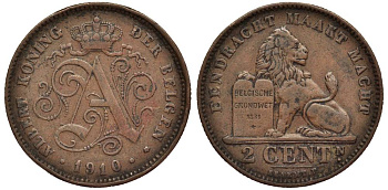 БЕЛЬГИЯ 2 САНТИМА 1910 BELGEN, АЛЬБЕРТ I (1909-1934) KM 65 медь 27-814