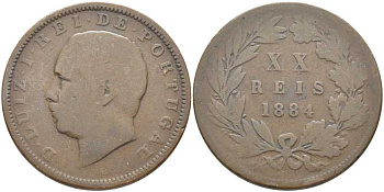 ПОРТУГАЛИЯ 20 РЕЙСОВ 1884 ЛУИШ (ЛЮДОВИК) I (1861-1889) KM 527 бронза 109-1043