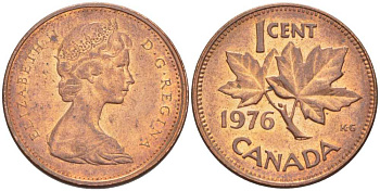 Канада 1 цент 1976 Елизавета II (1952-2022), кленовый лист KM 59.1 бронза 54-727