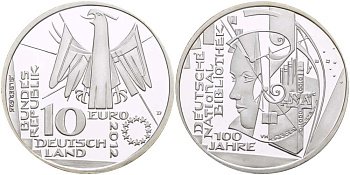 ФРГ 10 евро 2012 D, 100 ЛЕТ НЕМЕЦКОЙ НАЦИОНАЛЬНОЙ БИБЛИОТЕКЕ KM 311 серебро PROOF 1082-9-35
