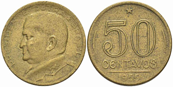 БРАЗИЛИЯ 50 СЕНТАВО 1955 ГЕНЕРАЛ ЭУРИКО ГАСПАР ДУТРА ПРЕЗИДЕНТ БРАЗИЛИИ KM 563 алюминиевая бронза 108-1131
