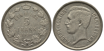 БЕЛЬГИЯ 5 ФРАНКОВ 1930 BELGEN KM 98 никель 443-731