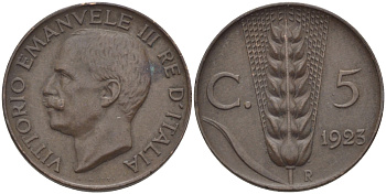 ИТАЛИЯ 5 ЧЕНТЕЗИМО 1925 R, ВИКТОР ИМАНУИЛ III KM 59 медь 100-145
