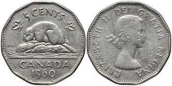 КАНАДА 5 ЦЕНТОВ 1960 ЕЛИЗАВЕТА II, БОБЕР KM 50а никель 4388-622