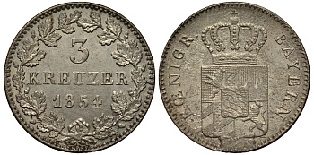 Бавария 3 крейцера 1854 Максимилиан II (1848-1864) KM 453 серебро 413-2521