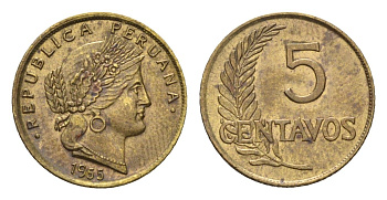 Перу 5 сентаво 1965 KM 223 латунь aUNC 4124-1247