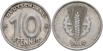 ГДР 10 пфеннигов 1949 A KM 3 алюминий 24-632