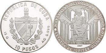Куба 10 песо 1997 серия семь чудес света, статуя Зевса в Олимпии KM 598 серебро  PROOF  02-108-41