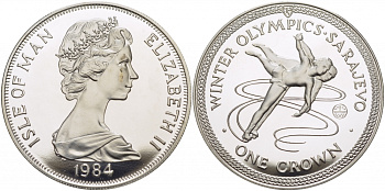 Остров Мэн 1 крона 1984 Зимние Олимпийские игры 1984 года в Сараево, парное фигурное катание КМ 117a серебро PROOF 1078-9-42