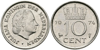 НИДЕРЛАНДЫ 10 ЦЕНТОВ 1974 ЮЛИАНА KM 182 никель 96-341