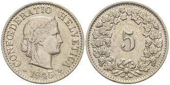 ШВЕЙЦАРИЯ 5 РАППЕНОВ 1945 В KM 26 медно-никель 206-158