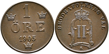 Швеция 1 эре 1905 Оскар II (1872-1907) король Швеции и Норвегии KM 750 бронза 176-869