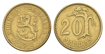 Финляндия 20 марок 1954 KM 39 алюминиевая бронза 4648-643