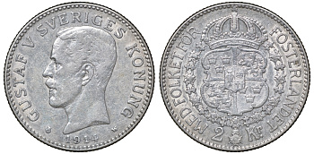 Швеция 2 кроны 1914 W, Густав V (1907-1950) KM 787 серебро 4178-1313