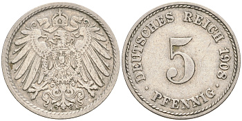 Германия 5 пфеннигов 1908 A KM 11, Jager 12, Weege 6 медно-никель 4608-819