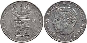 Швеция 1 крона 1973 Густав VI Адольф (1950-1973) KM 826а медь плакированная медно-никелем 4395-155