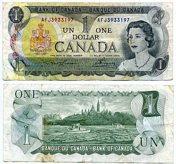 Канада 1 доллар 1973 Елизавета II (1952- ), здание парламента на реке Оттава, Lawson-Bouey, серии 3 буквы, литография Pick 85 b бумага 8603-40-1-1