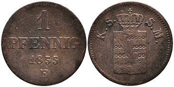 ПРУССИЯ 1 ПФЕННИГ 1855 F, ЙОХАНН (1854-1873) KM 1184 медь 116-822