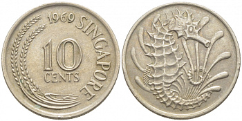 Сингапур 10 центов 1969 морской конек KM 3 медно-никель 105-1257