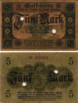 ЦВИКАУ 5 МАРОК 1918 НОТГЕЛЬД, 11 НОЯБРЯ 1918, ЗЕМЛЯ САКСОНИЯ Geiger 583.01a бумага 6318-39-1-1